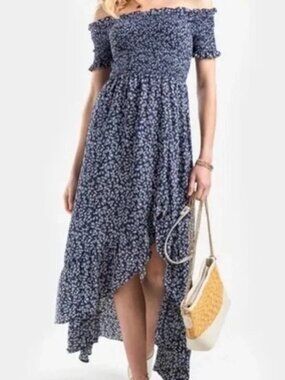 Mi Ami Navy Floral Off-Shoulder Maxi Dress
